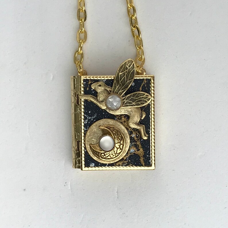 Miniature Book necklace with a story about the moon inside and an antique gold flying rabbit cover design image 1