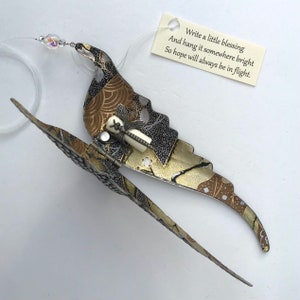 Folding Angel Wings Ornament Antique Silver Lined with Yuzen paper Personalize by writing a message inside on removable scroll. immagine 3