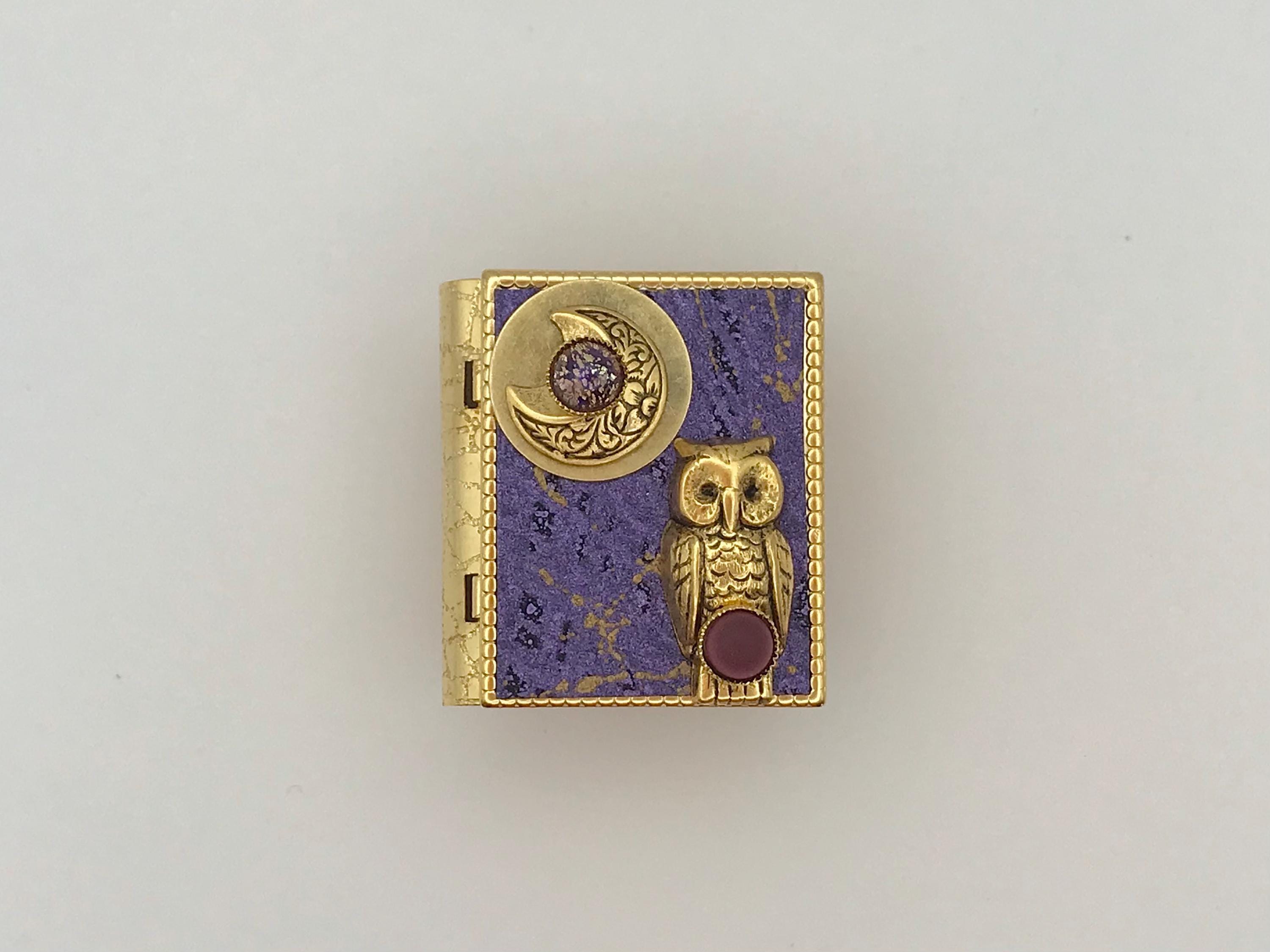 Miniature Book Pin &ndash; featuring a gold owl and new moon cover design, with a guidance spell tuc