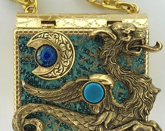 Miniature Book Necklace - with a Magical Story inside and an antique gold Dragon and New Moon cover design