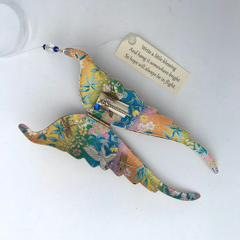 Folding Wings Hanging Ornament Antique Gold Lined with Chiyogami paper Personalize by writing a blessing inside on removable scroll. image 1