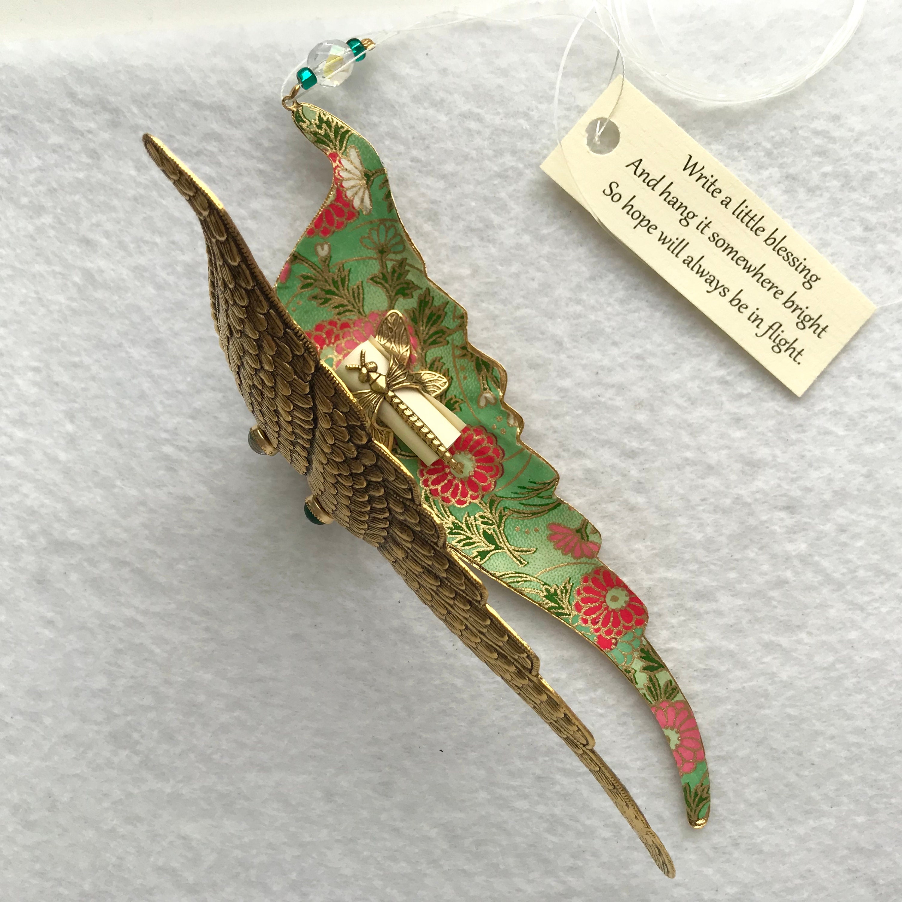 Lined with Chiyogami paper Personalize by writing a message inside on removable scroll. Folding Wings Hanging Ornament Antique Silver