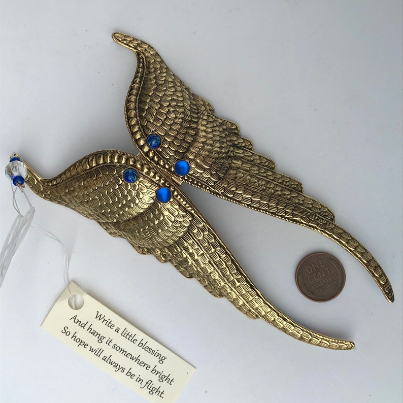 Folding Wings Hanging Ornament Antique Gold Lined with Chiyogami paper Personalize by writing a blessing inside on removable scroll. image 6