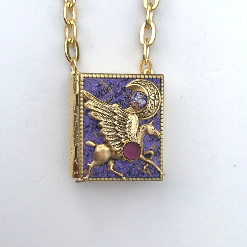 Miniature Book Necklace with a Magical Story inside and an antique gold Pegasus and Crescent Moon cover design image 1