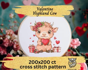 Highland Kuh Valentinstag Kreuzstichmuster Instant PDF Download, Valentine Craft, Romantische Kuh Kreuzstichmuster