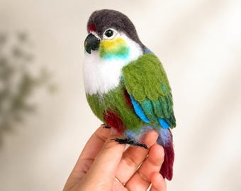 Custom Needle Felted Green Cheek Conure Sculpture, Wool Parrot Memorial Keepsake, Bird Lover Gift