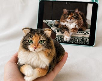 Custom Needle Felted Cat , Handmade Wool Cat Figurine From Photo, Pet Memorial Keepsake