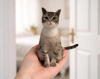 Escultura de gato personalizada em feltro agulhado, retrato de animal de estimação feito à mão em lã, presente para amantes de gatos