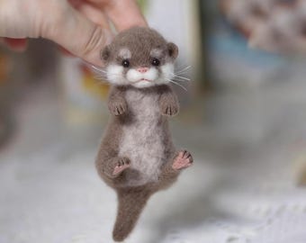 Handmade Needle Felted Otter - Natural Wool Animal Figurine