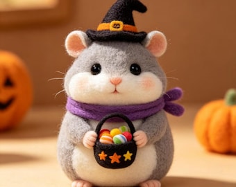 Handmade Wool Felt Hamster Ornament, Halloween Pumpkin Mouse Decoration, Fall Decor