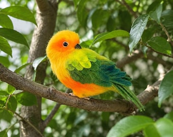 Custom Needle Felted Sun Conure Bird Sculpture, Handmade Wool Parrot Keepsake