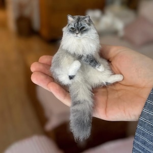Peut inclure: Une figurine de chat miniature et duveteuse, avec une fourrure grise et blanche. Le chat est assis, les pattes tendues, et sa longue queue est visible. La fourrure du chat est détaillée et il a les yeux verts. La figurine est tenue dans une main.