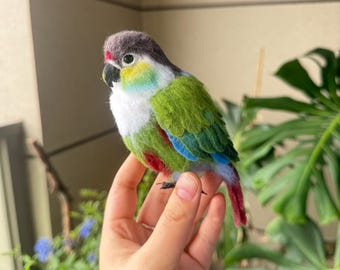 Custom Needle Felted Green Cheek Conure Sculpture, Wool Parrot Memorial Keepsake, Bird Lover Gift