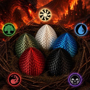 May include: Five dragon eggs with a textured scale pattern arranged in a nest. The eggs are colored silver, green, blue, red, and black. Surrounding the nest are five glowing circular elemental icons representing nature, water, fire, death, and light.