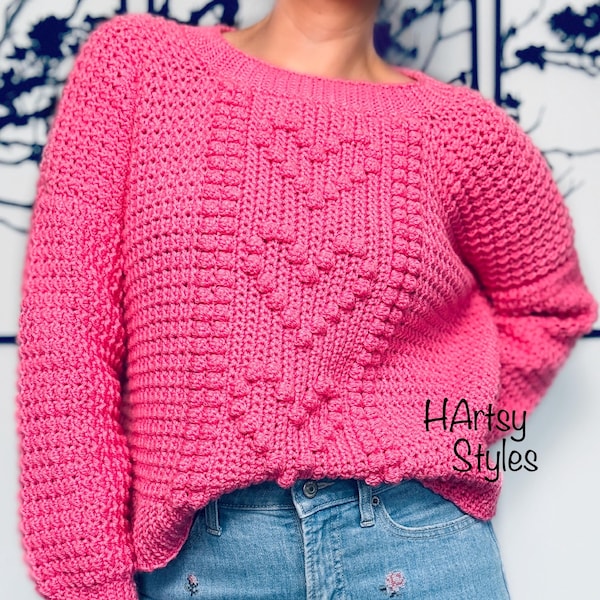 かぎ針編みパターン：ボブルステッチセーター、ロマンティックなテクスチャードプルオーバー、サイズXS～5XL（PDFダウンロード） - The Heart Strings
