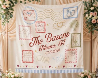 パーソナライズされたウェディングポストカードタペストリー、カスタムラブレターウェディング背景幕、ヴィンテージ切手ウェディングデコレーション、ウェディングウェルカムバナー