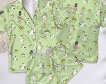 Coquette Bow Tiana Princess Satin Pajamas Short Set, Disney Princess Short Sleeve Pjs, Tiana Princess and the Frog Pajamas