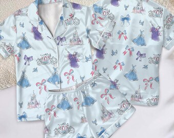 Disney Cinderella Satin Pajamas Short set, Disney Princess Short Sleeve Pjs, Fairytale Pjs Shorts, Coquette Bow Princess Pajamas