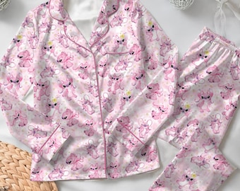 Pijama de Stitch de Disney, pijama de ángel rosa para mujer, pijama de ángel de Stitch, ropa de estar rosa de Lilo y Stitch, regalo de luna de miel de Disney