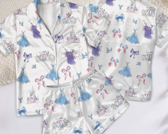 Meet Me At Midnight Cinderella Pajamas Short Set, Cinderella Short Sleeve Pjs, Disney Princess Pajamas, Cinderella Coquette Bow Pajamas