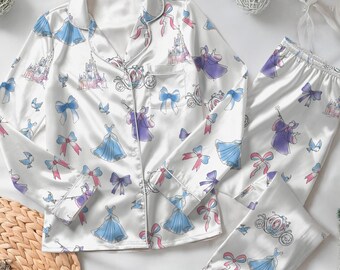 Disney Cinderella Satin Pajamas Set, Disneyland Satin Sleepwear, Princess Sleepwear For Women, Fairytale Pjs Long, Cinderella Pajamas