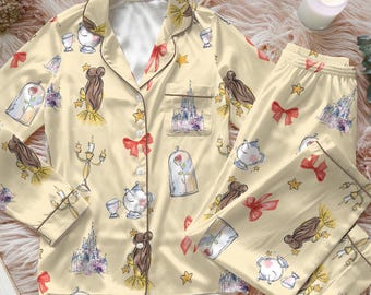 Pijama de la Princesa Bella Coqueta, Pijama Navideño de Princesas Disney, Pijama de La Bella y la Bestia, Conjunto del Reino Mágico