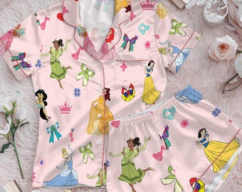 Disney Princess Satin Pajama Set, Bridesmaid matching Disney Princess PJs, Princess Birthday Sleep Set, Matching Family Pajamas