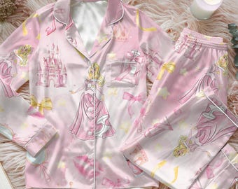 Pijama de satén de la princesa Aurora de Disney, pijama de la Bella Durmiente, pijama de la princesa Aurora con lazo coqueto