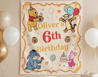 パーソナライズされたクラシックなプーさんの誕生日タペストリー、くまのプーさんの誕生日パーティーの背景幕、子供の誕生日バナー装飾、プーさん、ティガー、イーヨー、ピグレット