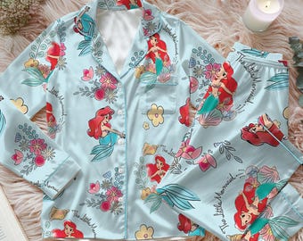 Disney The Little Mermaid Ariel Satin Pajamas Set, Disney Princess Silk Pajamas, Ariel Flounder Pajamas