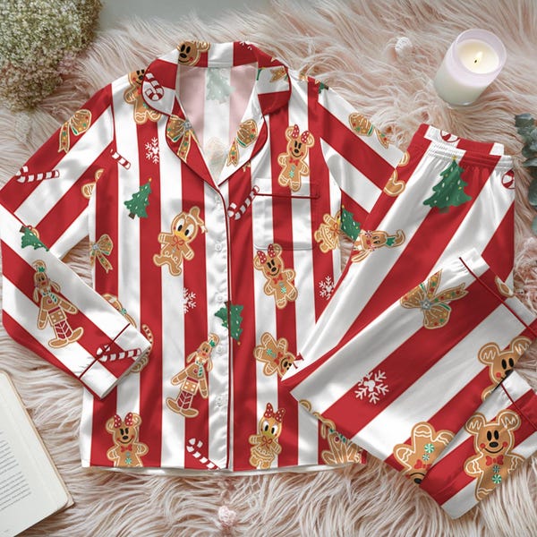Mickey And Friends Gingerbread Bakery Christmas Pajamas, Disneyland Very Merry Xmas Satin Set, Holiday Family Gift