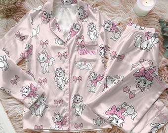 Pink Marie Cat Satin Pajamas Set, Disney The Aristocats Fleece Marie Cat Pajamas, Coquette Bow Cat Lover Loungewear Set