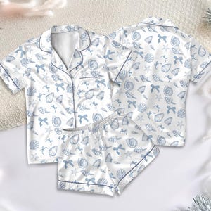 Ocean Life Satin Pajamas Set, Sea Shells and Ocean Satin Pajamas, Nautical Sleepwear for Women, Blue Shell Print Matching pajamas Set