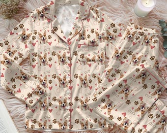 Anpassat set med husdjurspyjamas i satin, husdjursansiktspyjamas, hundälskare-pyjamas, familjepyjamas, husdjursporträtt, matchande pyjamas