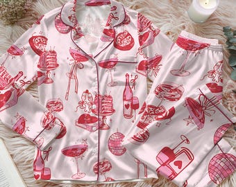 Cocktail Girl Social Club Satin Pajama Set, Retro Disco Ball Margarita Pjs, Cocktail Bow Loungewear, Cute Girly Party Pjs
