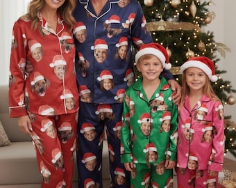 Anpassat familjepyjamasset i satin med ansikten, personliga fotopyjamasar, foto- och ansiktspyjamasar, matchande familjepyjamasar