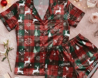 Weihnachten karierte Satin Pyjamas Set, personalisierte Namenspyjamas, Weihnachtspyjamas, Familienpassende Pyjamas, Urlaubspyjamas, Familienpyjamas