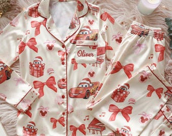 Joli pyjama de Noël en satin Coquette Lightning McQueen, voitures Disney, pyjamas de famille assortis, vêtements de nuit pour les fêtes, pyjamas de Noël Disney