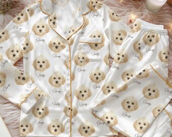 Benutzerdefinierter Name Hunde-Satin-Pyjama-Set, personalisierte Hundegesicht-Nachtwäsche, Familien-Pyjamas, benutzerdefinierte Haustier-Gesichts-Pyjama, Gesichts-Mashup-Pyjama