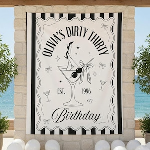 Dirty Thirty Birthday Tapestry, Personalized Martini Birthday Banner, Custom Name Birthday Backdrop, Birthday Photo Booth Wall Hanging