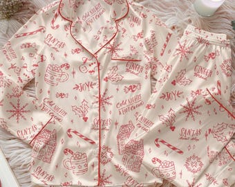 Vintage Weihnachtsmuster Pyjamas Set, Benutzerdefinierte Familienurlaub Pyjamas, Weihnachtspyjamas Sets, Winter Saison Nachtwäsche, Frohe Weihnachten Pjs