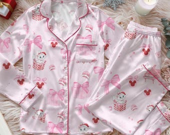 Coquette Bow Marie Cat Christmas Satin Pajamas Set, Marie The Aristocats Pijama Set, Disneyland Matching Pajamas, Girly Disney Sleepwear