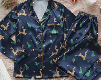 Personalisierte Familie Weihnachten Satin Pyjamas Set, Weihnachten Pyjamas für die Familie, Urlaubs Pyjamas, Familien Pyjama Sets, Weihnachtsgeschenke, Familiengeschenke