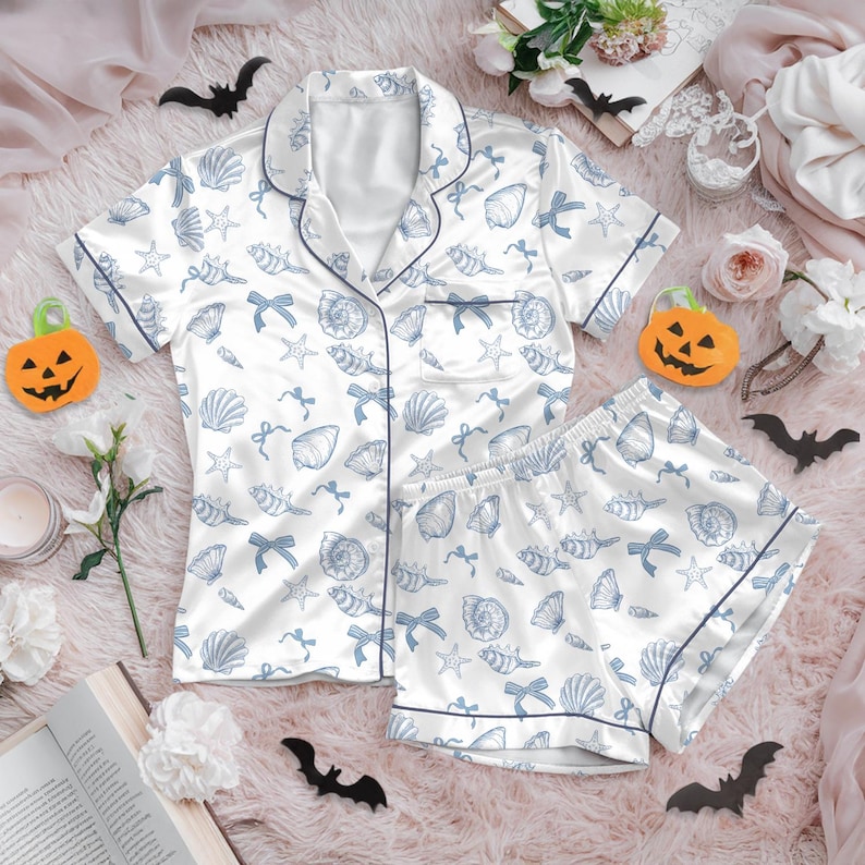 Ocean Life Satin Pajamas Set, Sea Shells and Ocean Satin Pajamas, Nautical Sleepwear for Women, Blue Shell Print Matching pajamas Set image 5