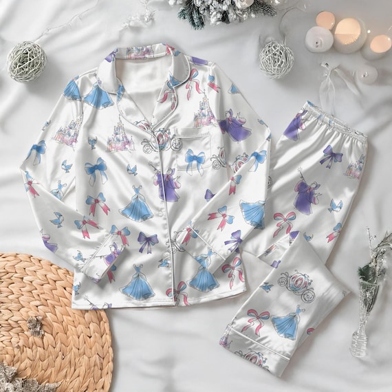 Disney Cinderella Satin Pajamas Set, Disneyland Satin Sleepwear, Princess Sleepwear For Women, Fairytale Pjs Long, Cinderella Pajamas