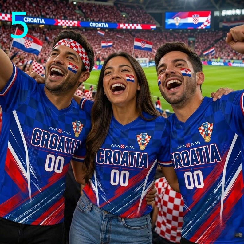 K&ouml;nnte beinhalten: Drei Personen tragen blaue Fu&szlig;balltrikots mit rot-wei&szlig;em Karomuster, dem Schriftzug CROATIA und der Nummer 00. Sie haben kroatische Flaggen als Gesichtsbemalung und eine Person tr&auml;gt ein passendes Stirnband in einem Stadion.