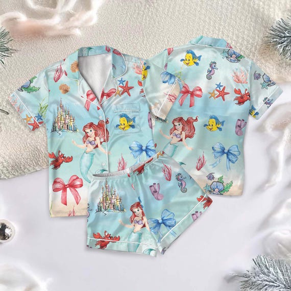 Ariel Mermaid Short Satin Pajama Set, Disney Princess Silk Pajamas, Little Mermaid Sleepwear for Girls, Coquette Bow Pajamas