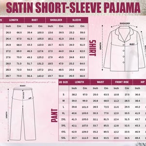 May include: A chart detailing measurements for a satin short-sleeve pajama set. The chart includes sizes S to 5XL, with measurements in inches and centimeters for length, bust, shoulder, sleeve, waist, front rise, and hip.