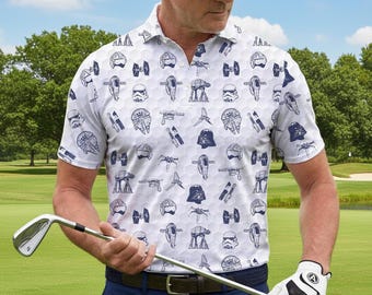 Galactic Space War Golf Poloshirt, Sci-Fi Film Muster Golf Jersey, Lustiges Golf Geschenk für Männer, Vader Stormtrooper Style Performance Polo