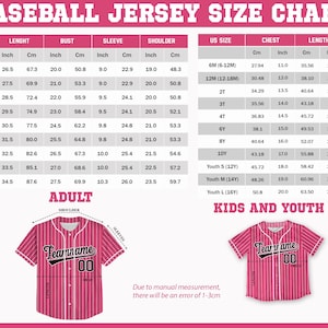 May include: Baseball jersey size chart with measurements in inches and centimeters. Includes adult and youth sizes. Features a pink and white striped jersey with "Teamname" and the number "00".